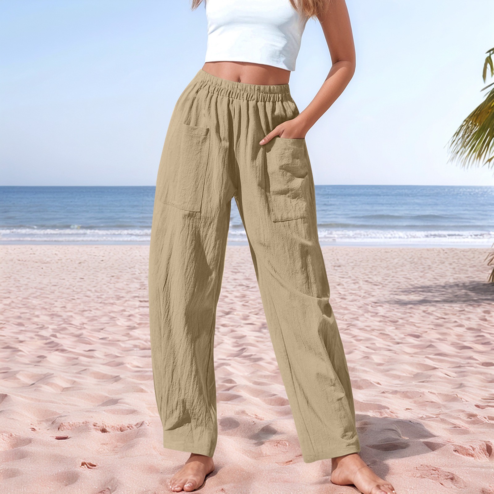 thumbnail image 2 of Pantalones elásticos de lino de cintura alta para mujer, informales: pantalones ligeros de verano para hacer ejercicio, 2 of 8